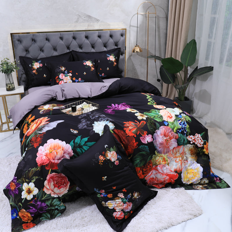 Rose colorate in lino letto sul nero (cotone egiziano al 100%)