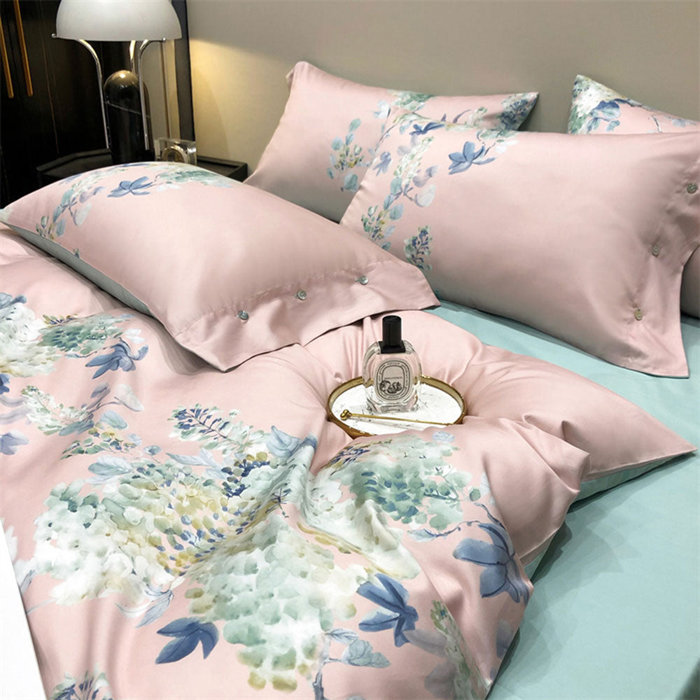 Bettwäsche Rosa mit Blumenfarben (100% Ägyptische Baumwolle)