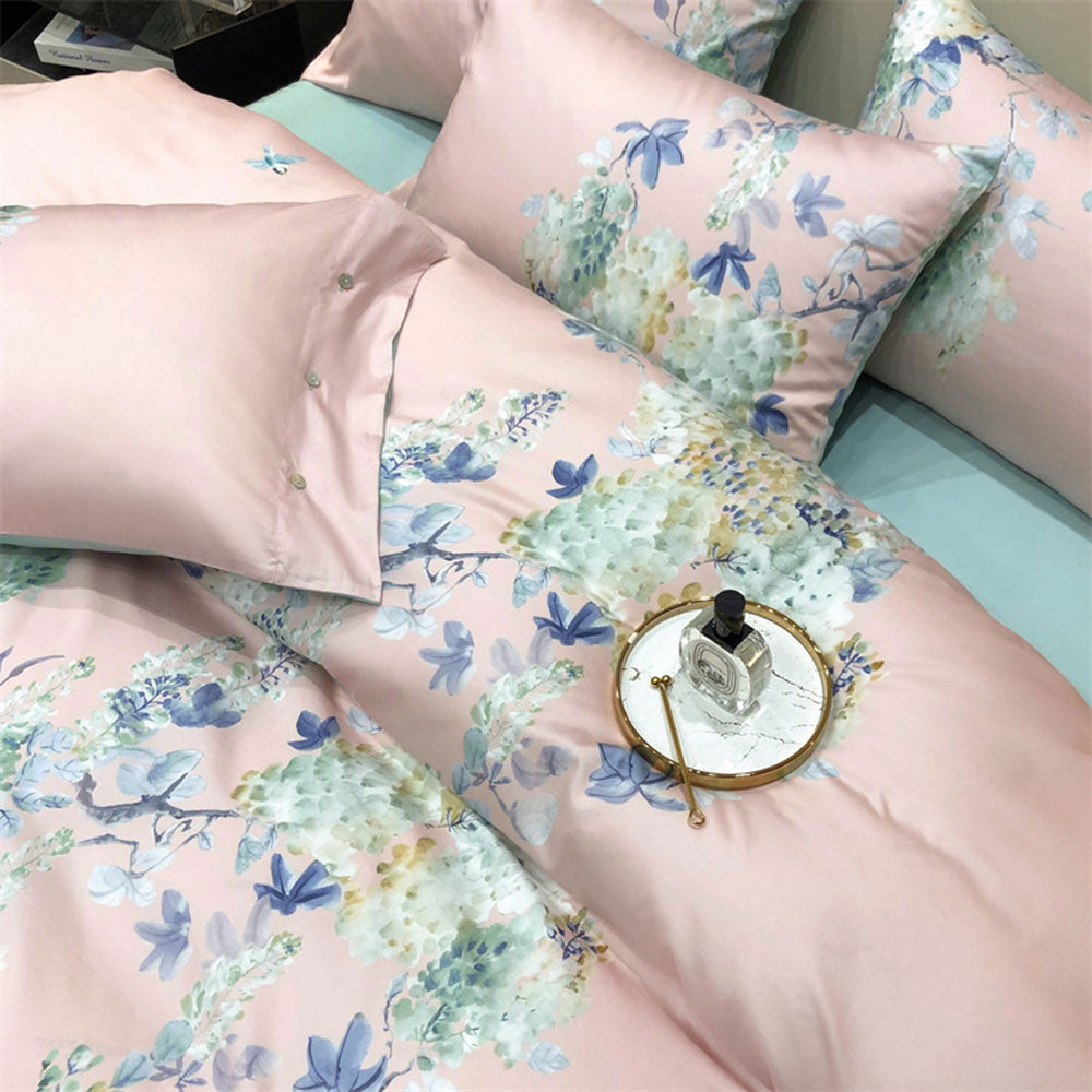 Bettwäsche Rosa mit Blumenfarben (100% Ägyptische Baumwolle)