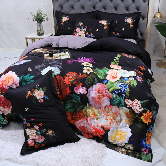 Biancheria da letto rose colorate su nero (100% cotone egiziano)