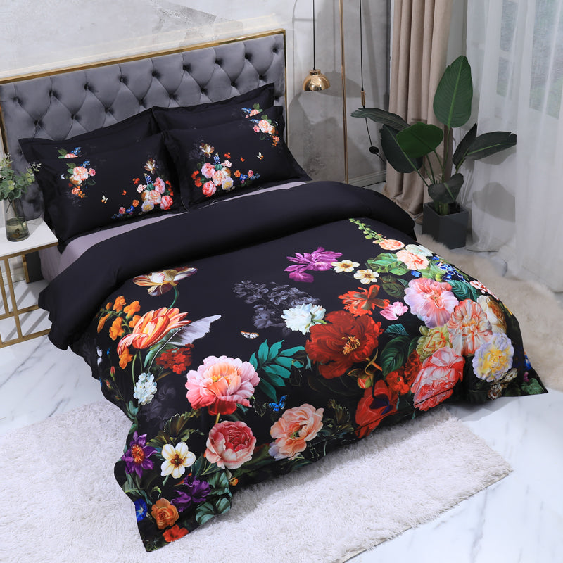Biancheria da letto rose colorate su nero (100% cotone egiziano)
