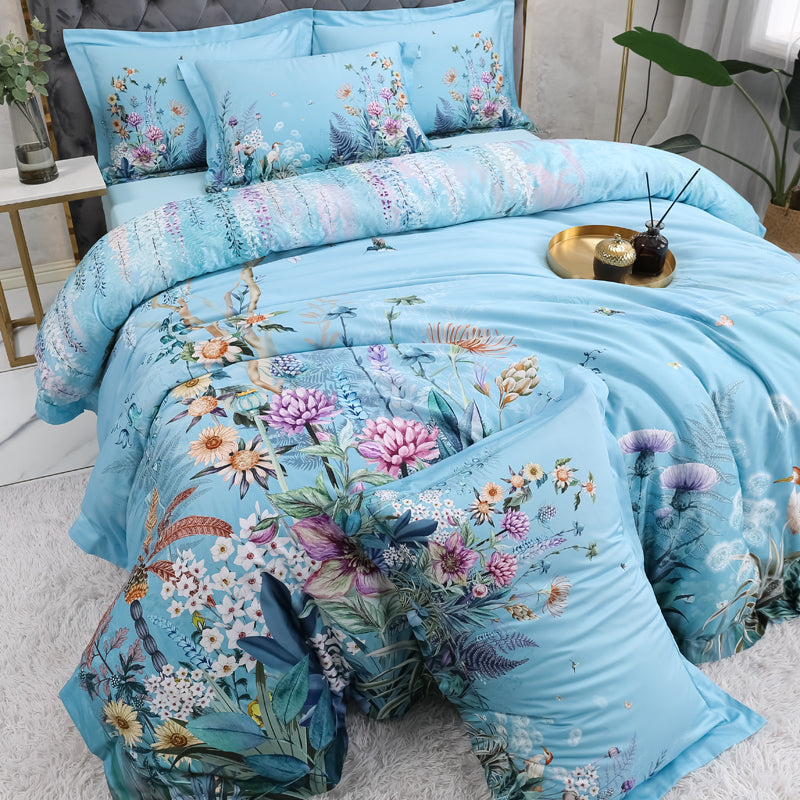 Bettwäsche Blumenwiese auf Blau (100% Ägyptische Baumwolle)