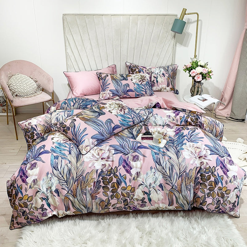4 Set Pink avec des fleurs (coton 100% égyptien)