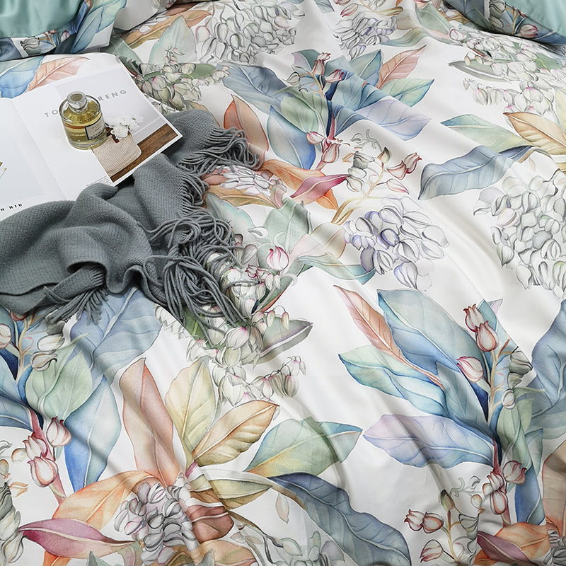 Bed linen green with plants and flowers (100% Egyptian cotton)