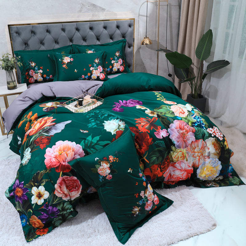 Biancheria da letto rose colorate su verde (100% cotone egiziano)