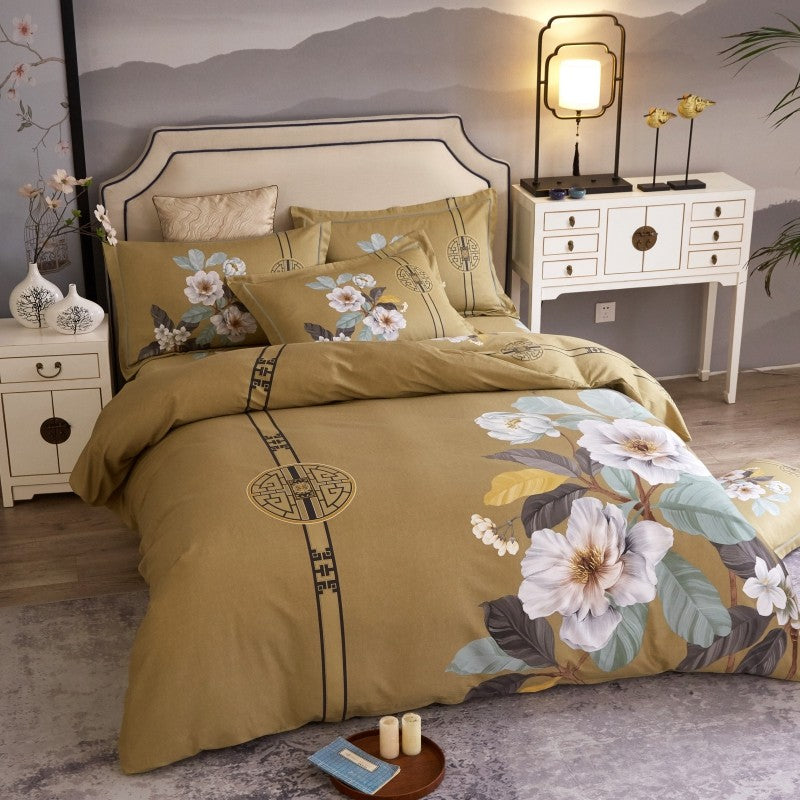 4 Set flowers on gold beige (100% Egyptian cotton)