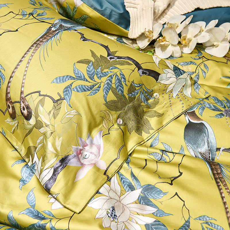 Bed linen with birds and flowers yellow (100% Egyptian cotton)