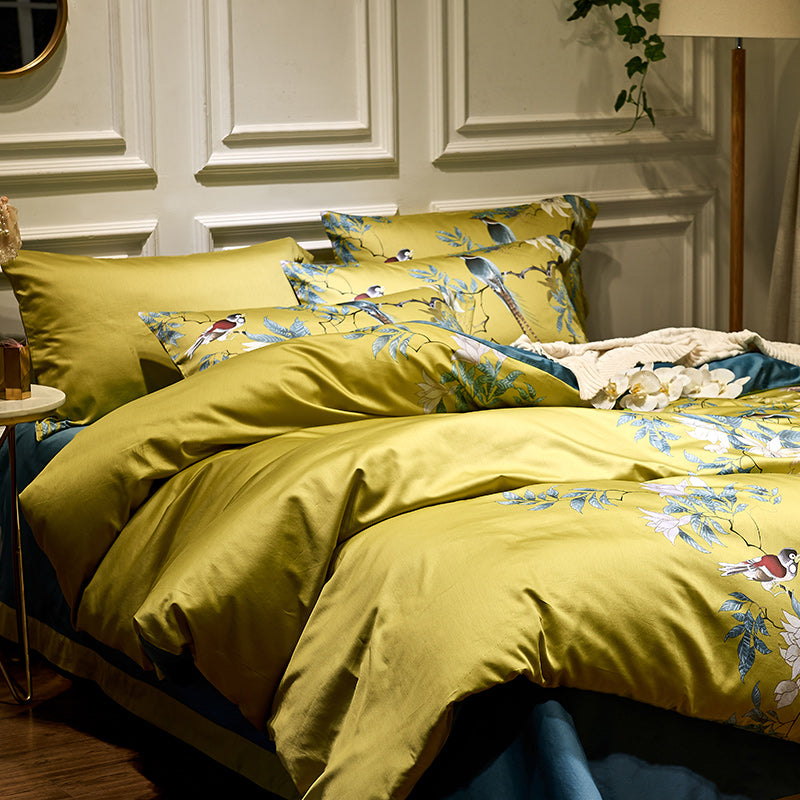 Bed linen with birds and flowers yellow (100% Egyptian cotton)