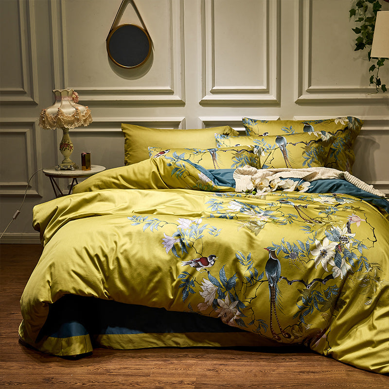 Bettwäsche mit Vögel und Blumen Gelb (100% Ägyptische Baumwolle)